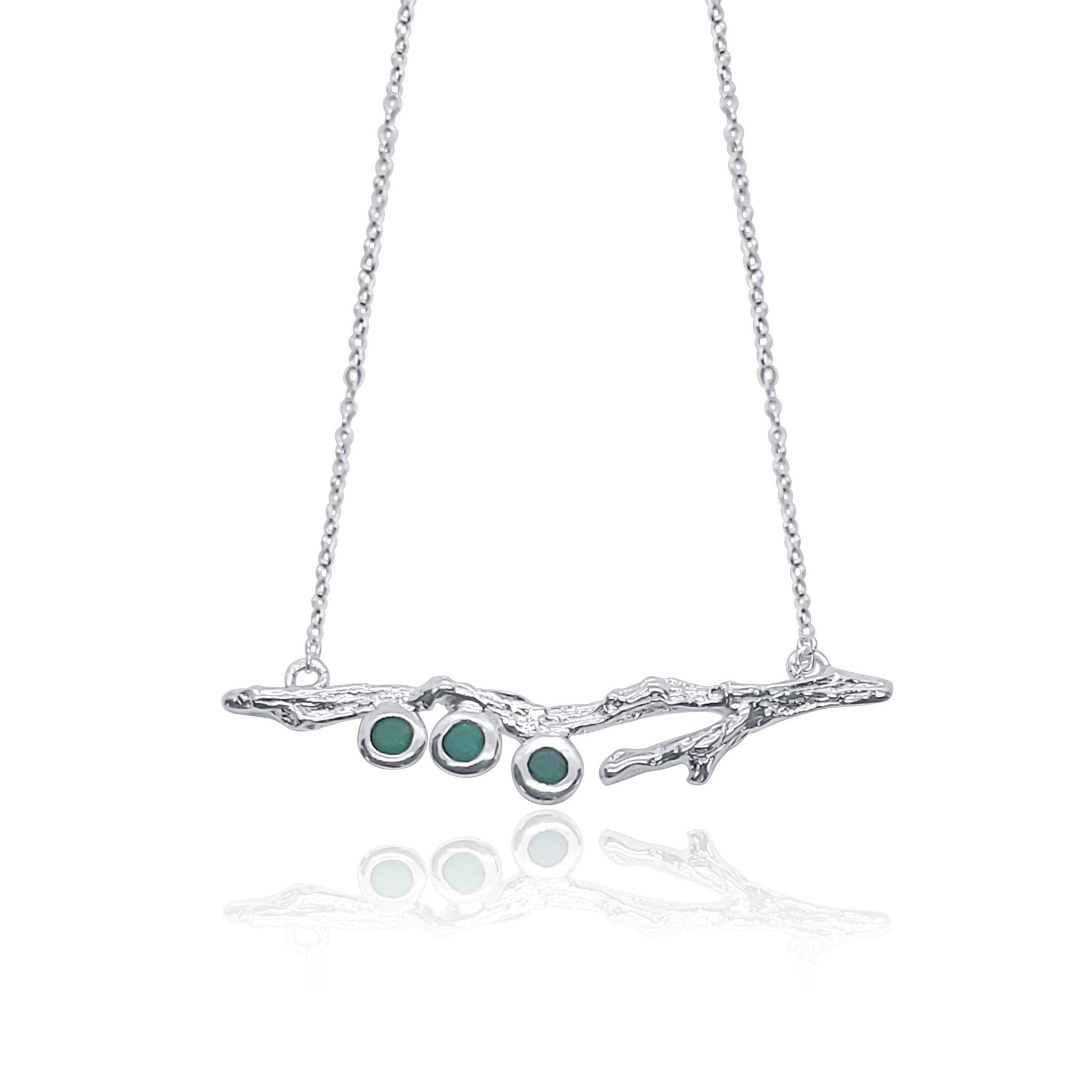 Handmade Silver Branch Necklace with Green Agate Gemstones