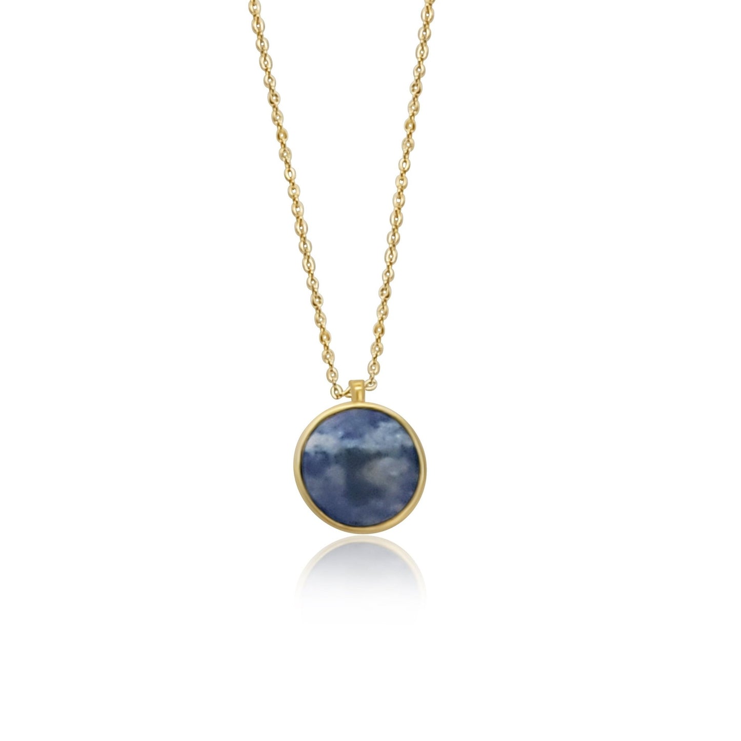 back of gold and blue sodalite ocean wave circle pendant reversible necklace. blue and gold circle pendant necklace