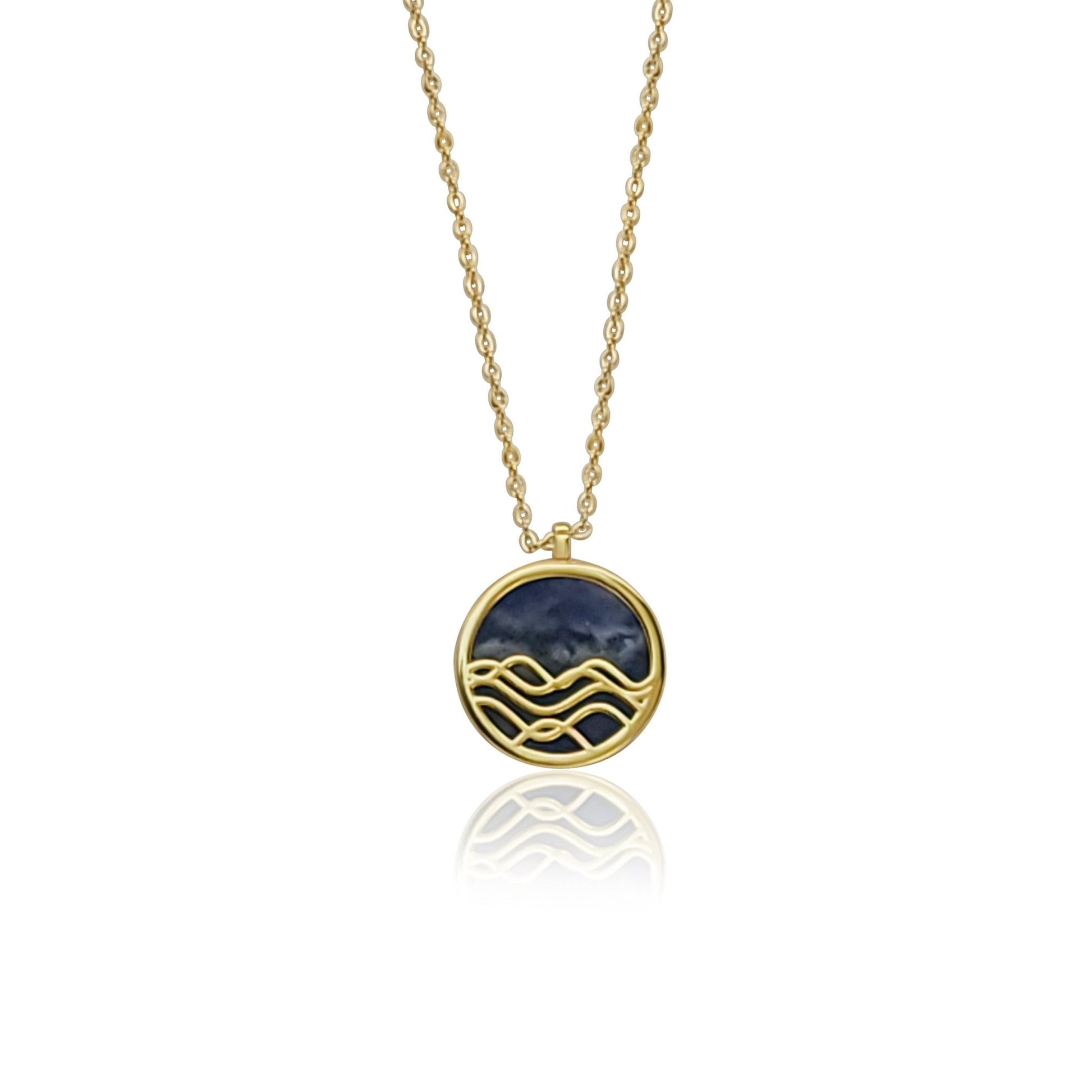 gold and blue sodalite ocean wave circle pendant reversible necklace