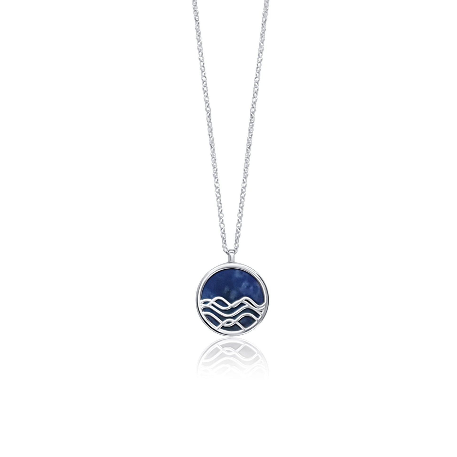 silver and blue sodalite ocean wave circle pendant reversible necklace