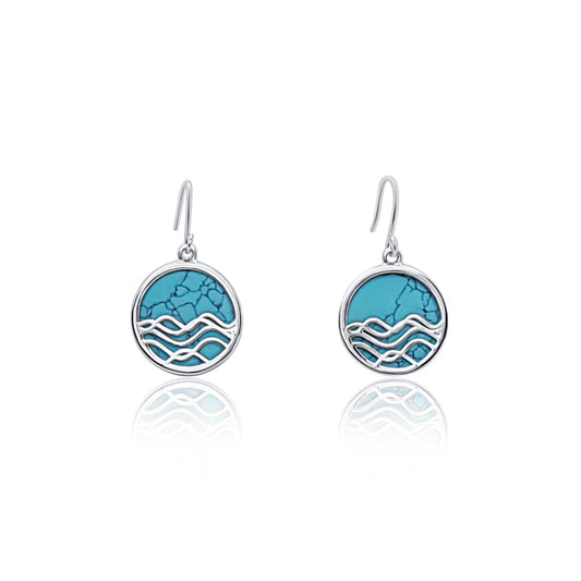 silver turquoise earrings with ocean waves. silver circle dangle earrings