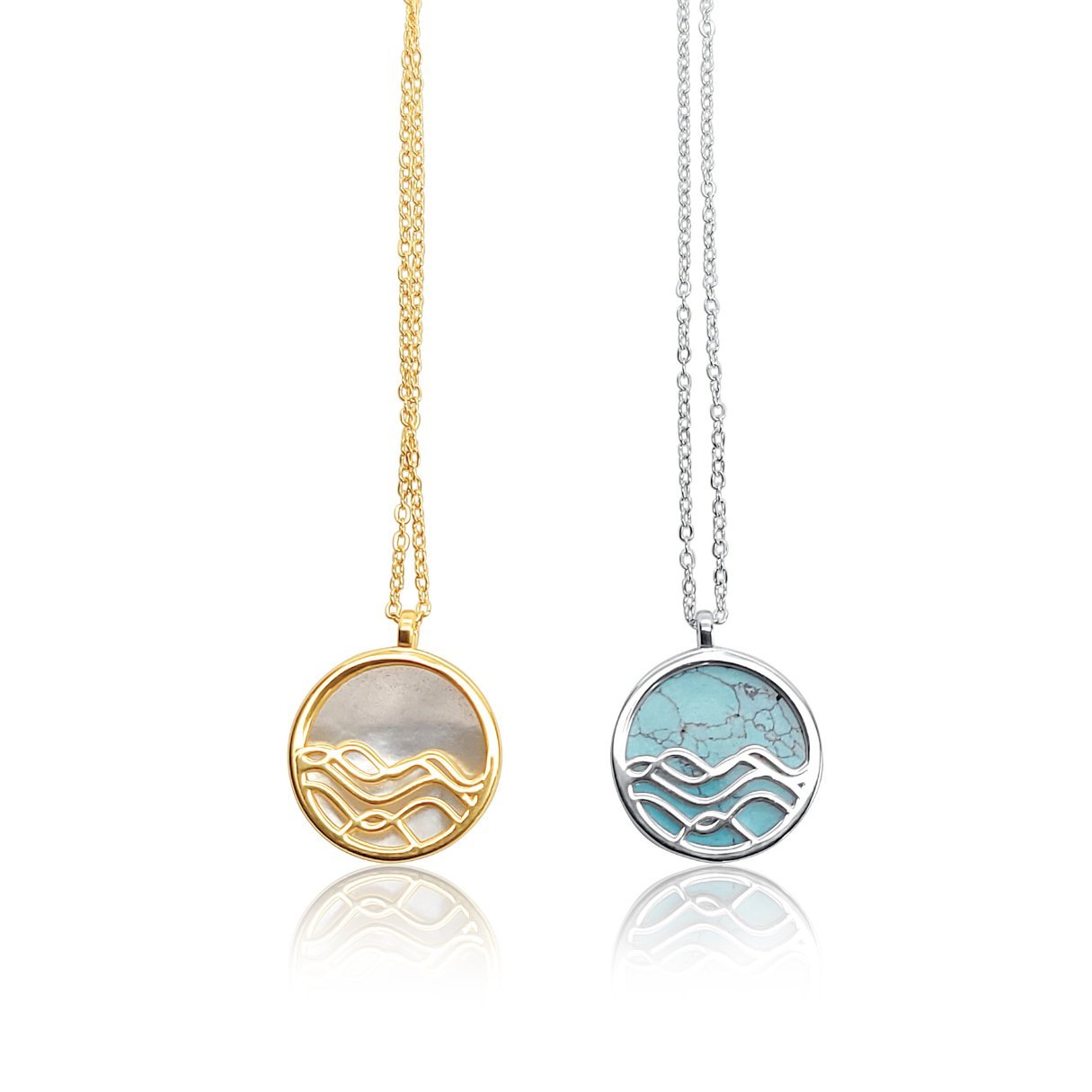 front of Little high tide reversible pendant necklaces in silver and gold with mother of pearl and treated turquoise and adjustable necklace chain