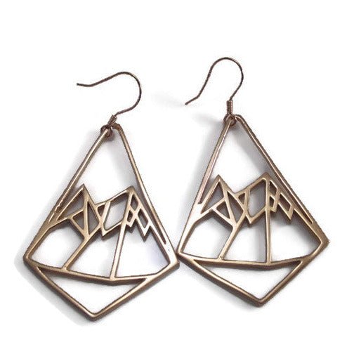 18k rose gold plated geometric diamond earrings with mountains on french ear wires with white backround