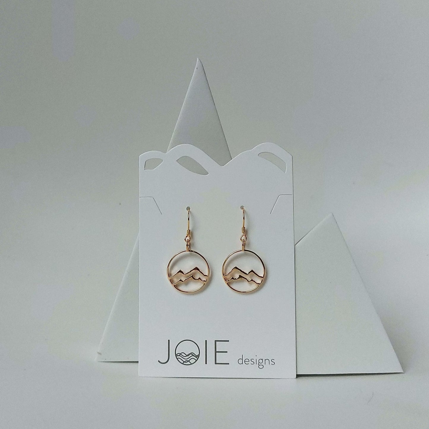 18k  gold plated Little Coast Mountain Circle  earrings on white jewelry card