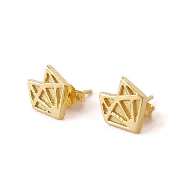 18k plated gold  little geometric fox head post earrings on white background