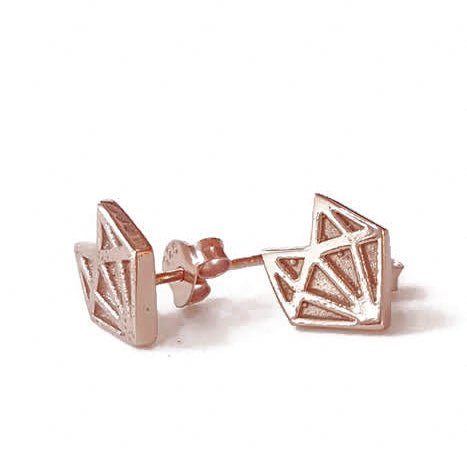 18k plated rose gold  little geometric fox head post earrings on white background